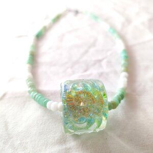 Microfaceted Emerald and White Quartz Rondelles with Lamp Work Focal
